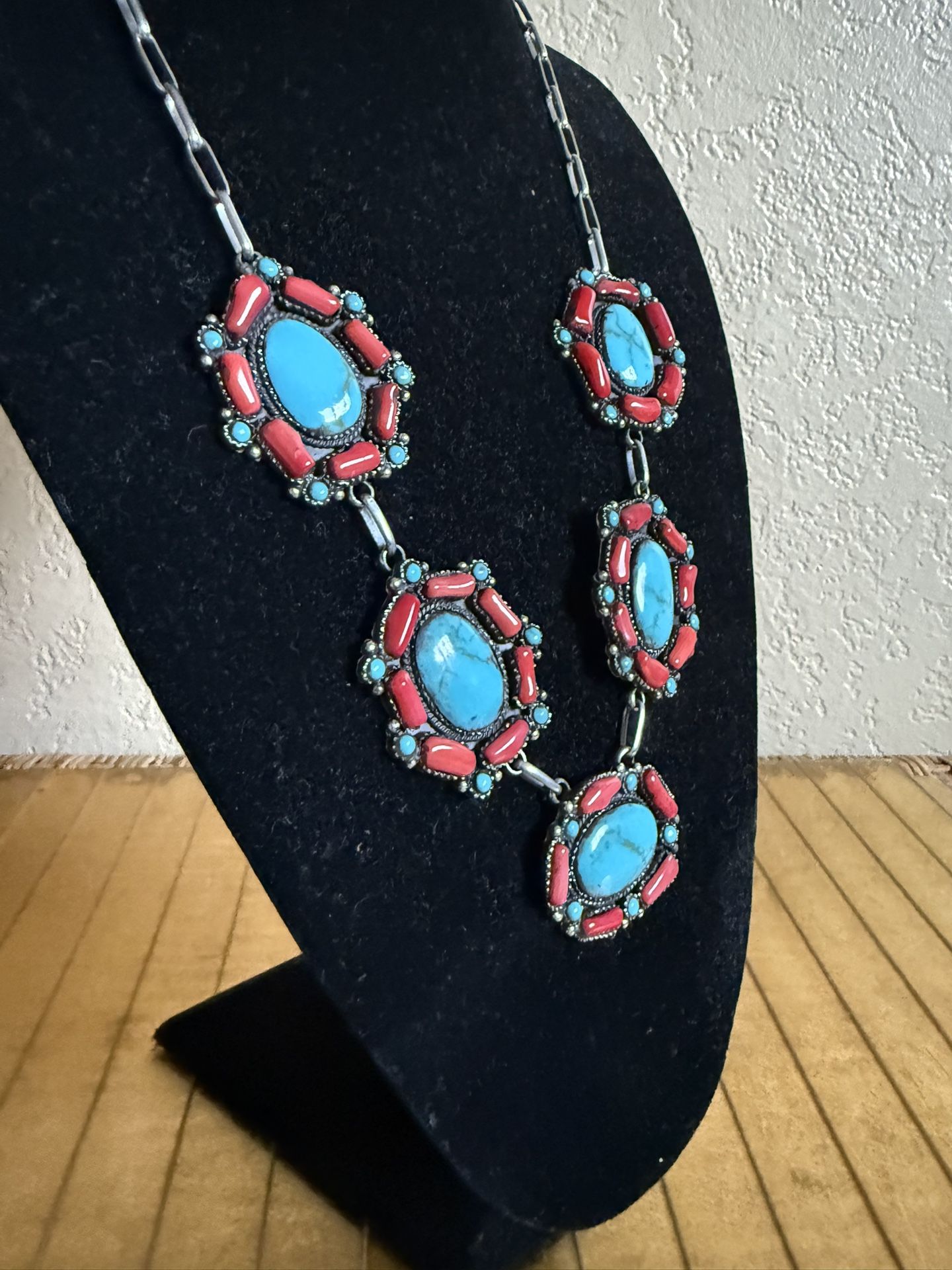 Turquoise, red coral Sterling, silver southwestern squash, blossom statement necklace