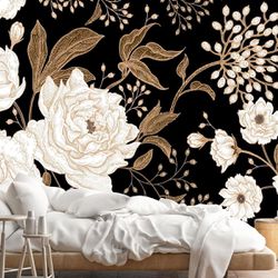 Wall Mural Peonies and Roses Floral Vintage Wallpaper Seamless Gold White Flowers Wall Coverings for Living Room Bedroom Kids Room
