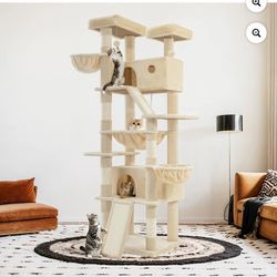 Sifurni 81" Multi-Level Tall Cat Tree Tower for Large Cat with Cat Condo and Hammock, Scratching Post & Scratching Ramp, Beige