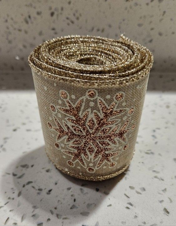 Christmas Wired Ribbon Snowflake Patterns Decorations, Swirl Sheer Glitter Ribbon 2.35" Width x 5 Yard Roll, Brown Bronze Beige Copper Gold