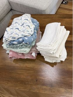 Muslin Swaddle Blankets + Burp Cloth Bundle – $20