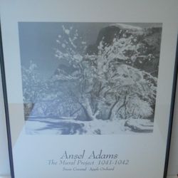 Framed Ansel Adams Black and White Photograph Print Snow Covered Apple Orchard