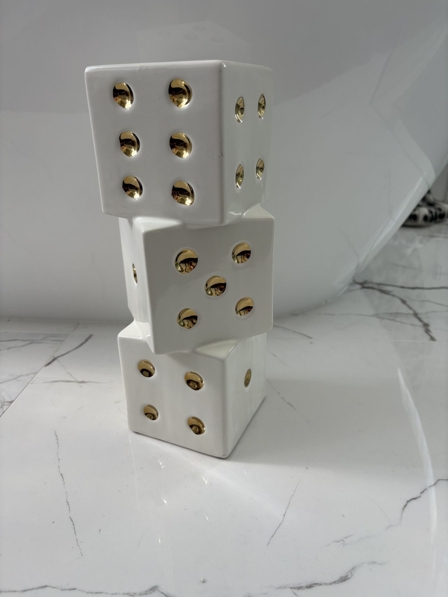 Fabulous 12” Tall Dice Statue. White & Gold. Only $30. Great Gift For Bunko Bunco Craps Or Card Player, Casino Gambler, Etc.