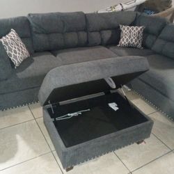 Brand New Gray Velvet Sectional Sofa Couch With Ottoman
