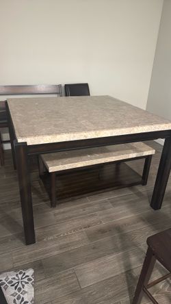 Marble top high table with coffee table and 2 benches and 2 chairs