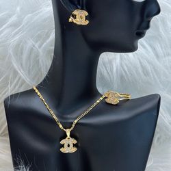 18k Bangkok Gold Cc Necklace earings adjustable ring set