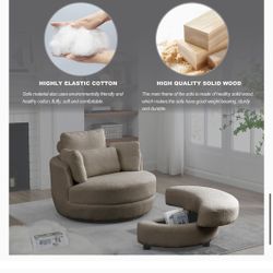 Oversized 360 Swivel Sofa Barrel Chair Set with Storage Ottoman & 4 Pillows, Teddy Fabric Modern Round Modular Chaise