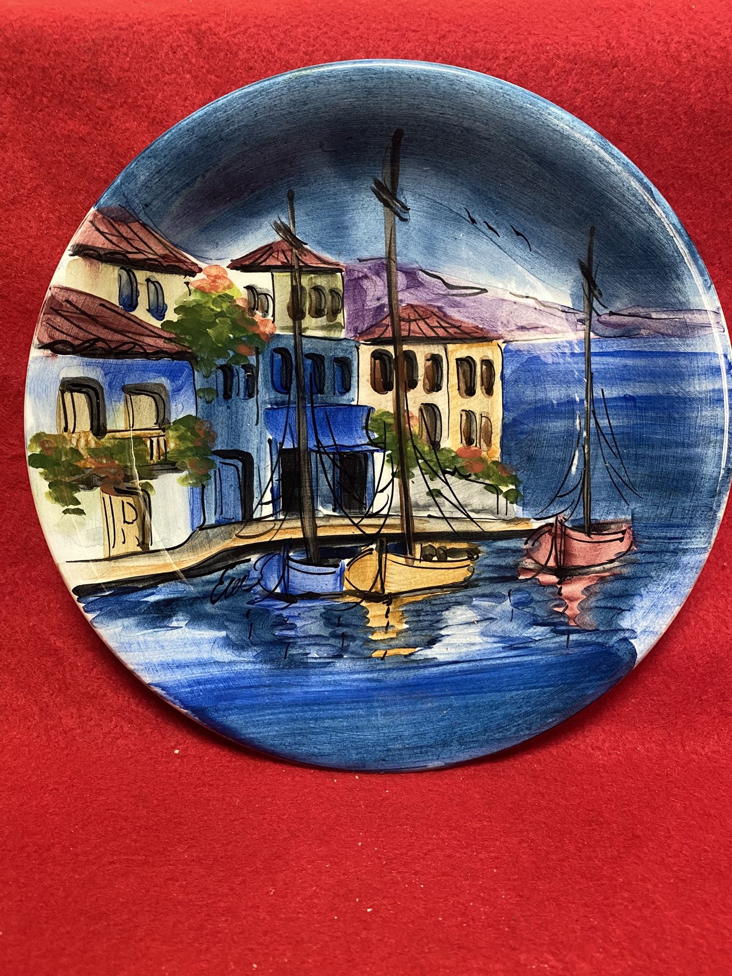 8.25 Inch Handmade Hand Painted Blue Ceramic Wall Hanging Plate Imported From Greece