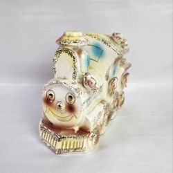 Mid Century Childs Piggy Bank Pastel Colored Ceramic Train Nursery Decor Happy smiling Bank. 