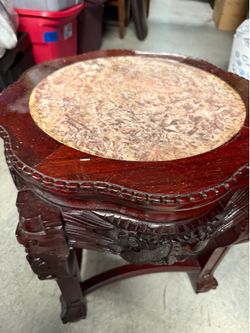 Vintage Chinese Rosewood Carved Pedestal Stand Table Marble Top