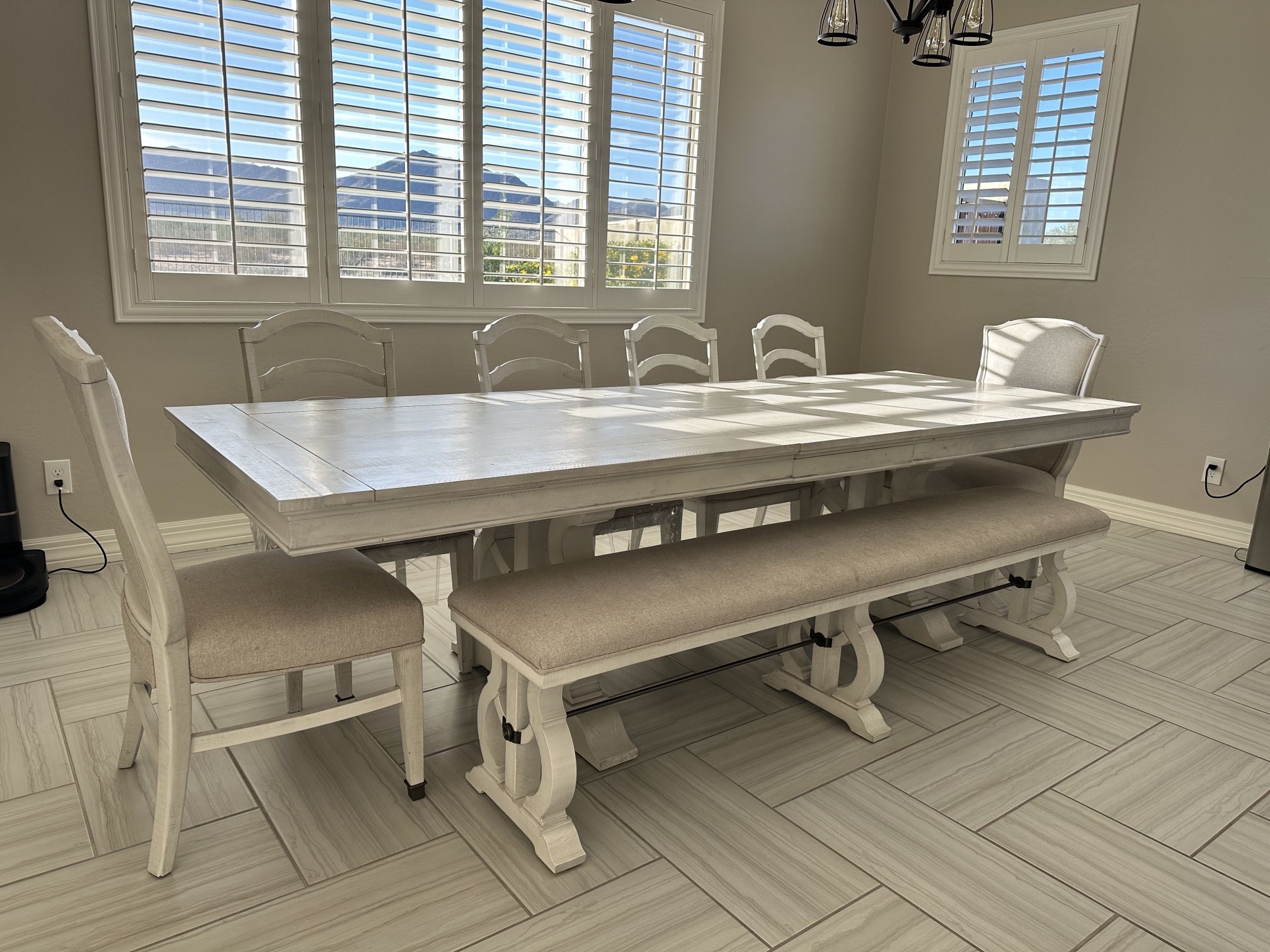 Dining Table Martin 94-112" Extension Dining With Bench, 4 Wood Back Chair + 2 Upholstered Chair Set For 8