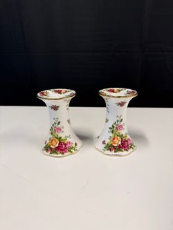 Pair of Royal Albert Montrose Rose Porcelain Candle Holders in Box