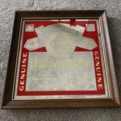 Vintage Budweiser Wood Framed Mirror Beer Sign