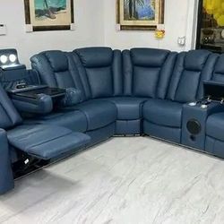 Luxury Reclining Sectional Sofa with LED Lighting | Cup Holders + Console | New 