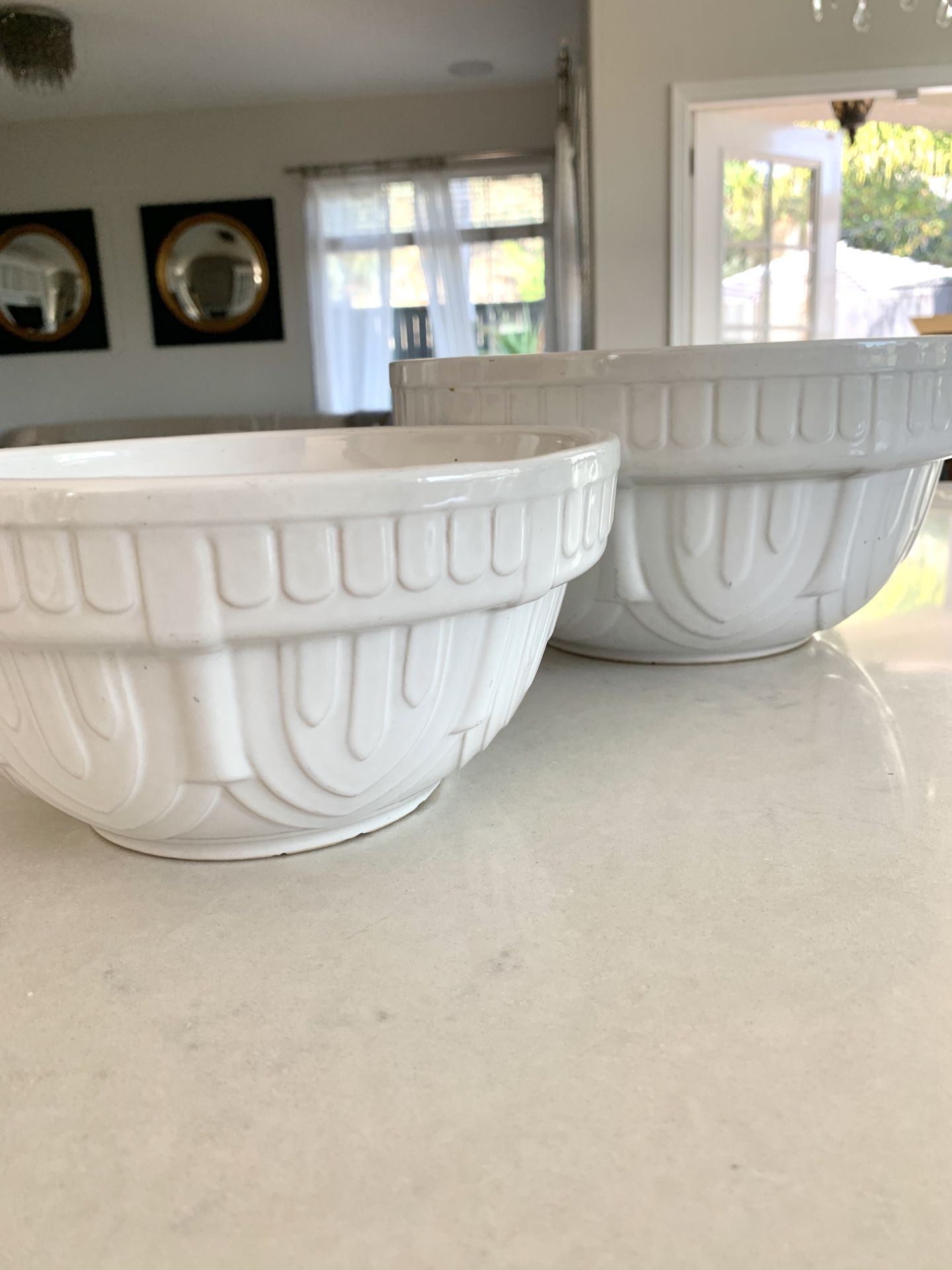 Set of 2 EXCELLENT CONDITION Coche Stoneware by Eurogres White Patterned Mixing Bowl - 9” & 10”