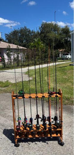16 Fishing Rods And Reels With Rack
