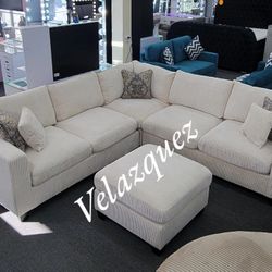✅️✅️4 pc ivory cordury fabric upholstered sectional sofa with ottoman.
