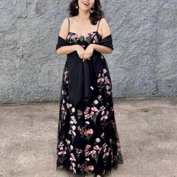 Floral-Embroidered Tulle Ballgown