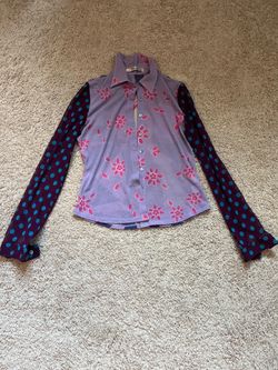 Jessica Purple Floral Button-Down Shirt with Navy Polka-Dot Sleeves
