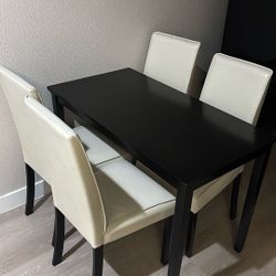 Modern Black 4-Person Dining Table Set w/ 4 Cream Chairs - Excellent Condition