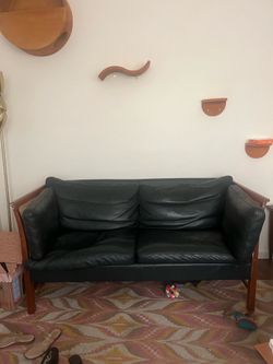 Mid century sofa loveseat leather rattan