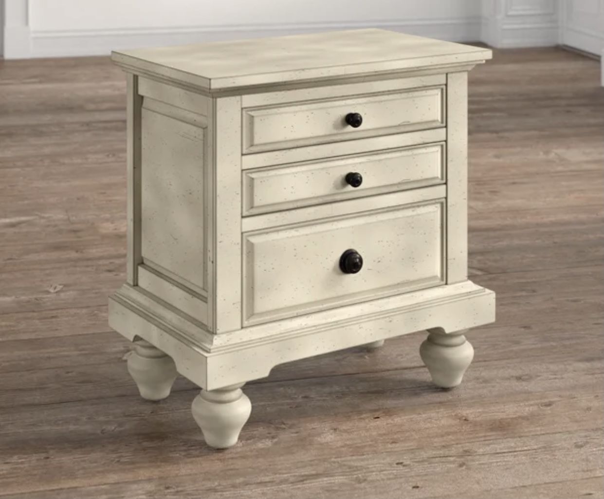 {ONE} Philomena 2 - Drawer Nightstand in Antique White. Minor wear. 29” x 28” x 17”. Solid + manufactured wood. MSRP $357. our price $195 + sales tax