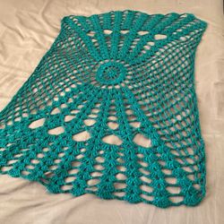 Beautiful 37”x25” Handmade Teal Crochet doily