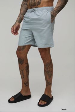 boohooMAN Tall Mid Length BM Autograph Swim Short - Grey (Large)