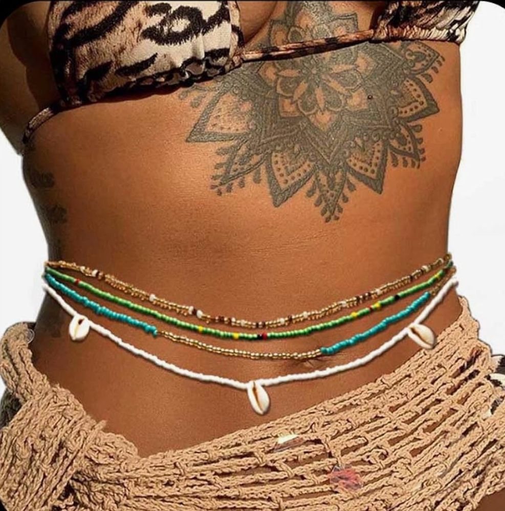 Cosydays African Waist Bead Chain Elastic Body Chains Colorful Belly Beads Seashell Beaded Chain Summer Bikini Jewelry for Women(Pack of 4)