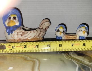 Vintage chicken with Bonnet Cottage Style on a Basket Pottery Planter Ceramic 9”x 6” & Vintage Ceramic Porcelain Chickens Chicks Birds Toothpick Holde