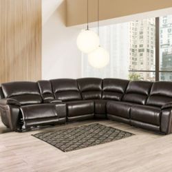 Brand New Dark Brown Top Grain Leather Power Reclining Sectional Sofa 