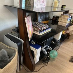 Modern Z-Frame TV Stand - Espresso Wood & Black Glass