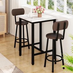 3 Piece Pub Dining Set, 24" Dining Table Set with 2 PU Leather Upholstered Stools, Square Small Space Kitchen Table Pub Set for Apartment Dining Room,