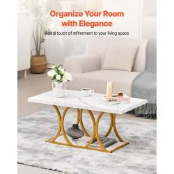 418^Coffee Table, Modern Faux Marble Coffee Table, 2-Tier Rectangle Center Desk with Geometric Legs, Minimalist Sturdy Metal Frame Accent End Desk for