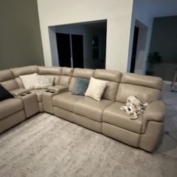 Beige Leather Power Reclining Sectional Sofa 