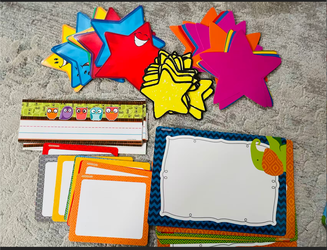 Classroom Bulletin Board Decor Lot – Nameplates, Cutouts, Apples, Leaves & More