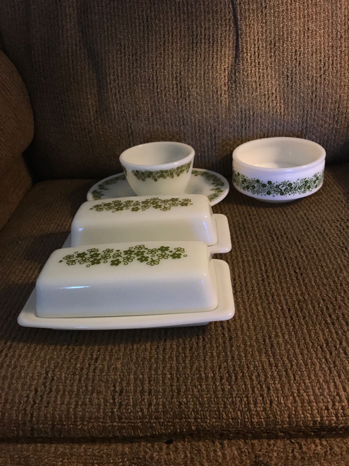 Pyrex Spring Blossom Crazy Daisy Butter Dishes, Gravy Underplate, Sugar Bowl and Gemco Server