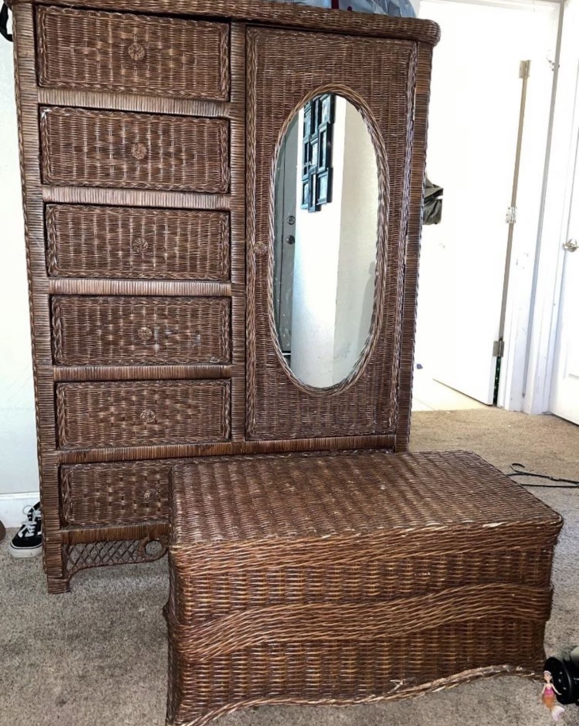 Wicker Dresser With Mirrored Cabinet And Chest