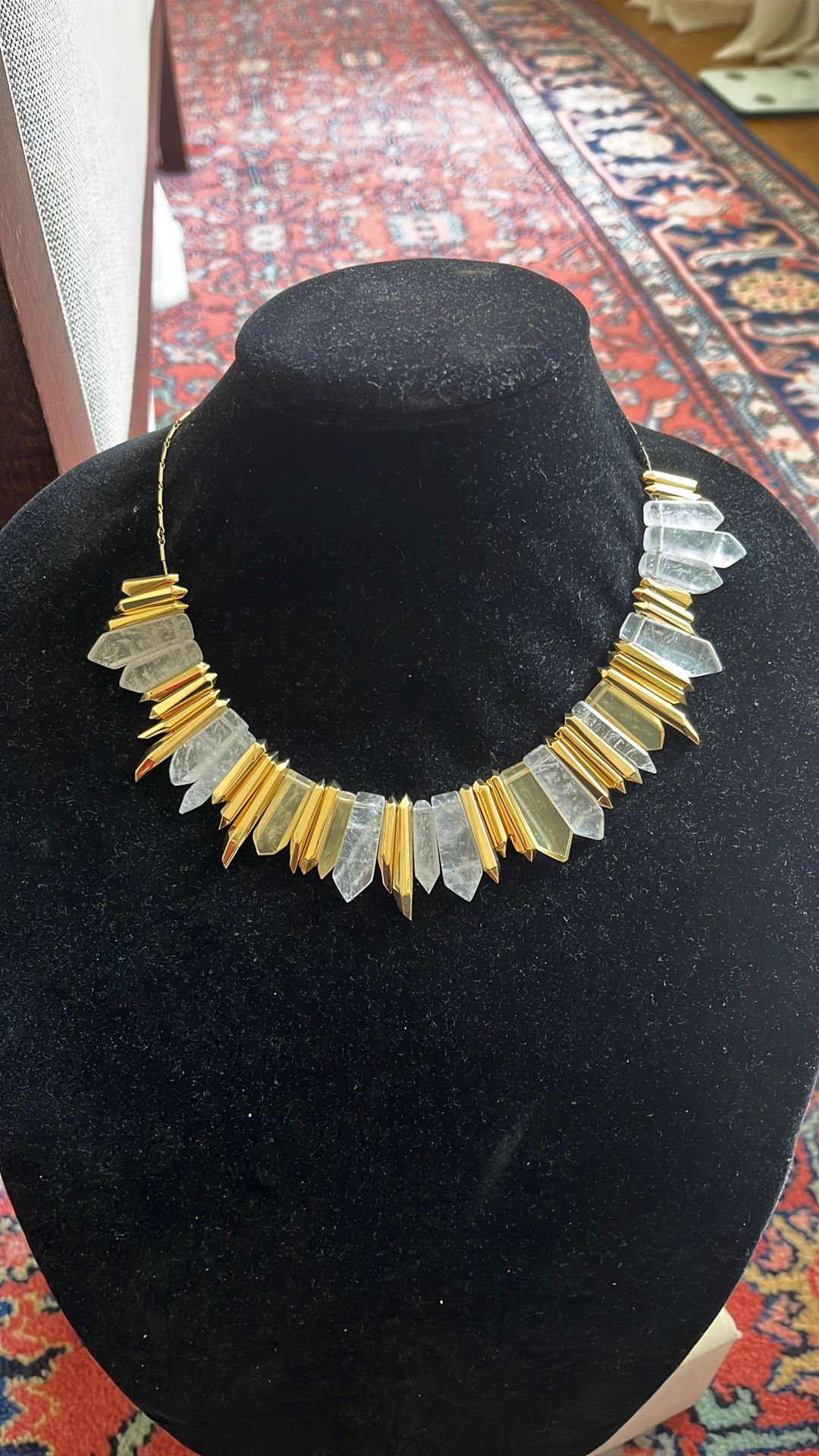 Necklace With Clear Crystal And Gold Spikes. High Quality Items Real Quartz