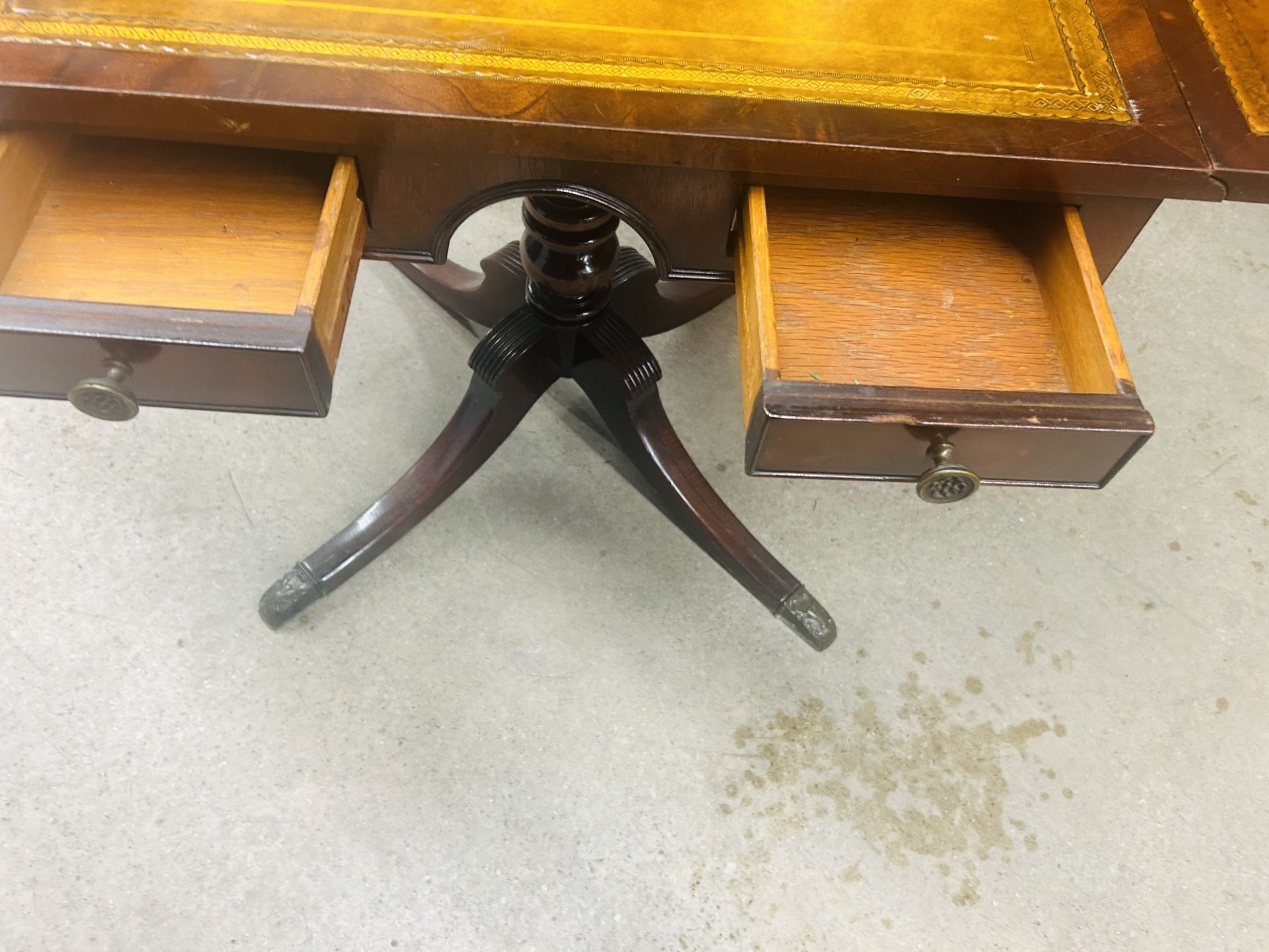 Antique Leather Top Drop Leaf Mahogany Side Table30 Inches Wide 29 Tall