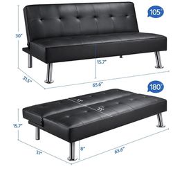 Convertible Faux Leather Futon Sofa Bed, Black