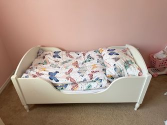 White Wood Toddler Bed Frame with mattress