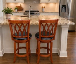 Set of Two Cathedral Style Swivel Stools, Cherry Wood Finish