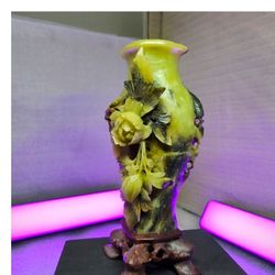 Vintage Chinese Soapstone Vase – 4" Carved Peony Design on Root-Style Stand