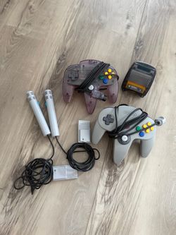 Nintendo 64 Accessories Lot – 2 Controllers, Transfer Pak, Microphones, Controller Pak