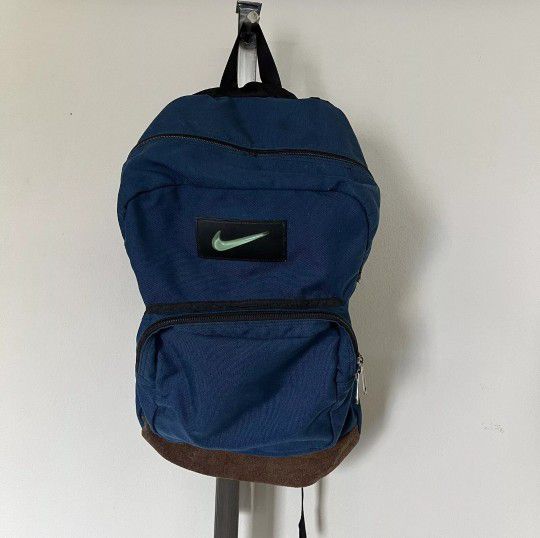 Vintage 90s Nike Swoosh Backpack Nylon Leather Bottom Blue School Hiking sport