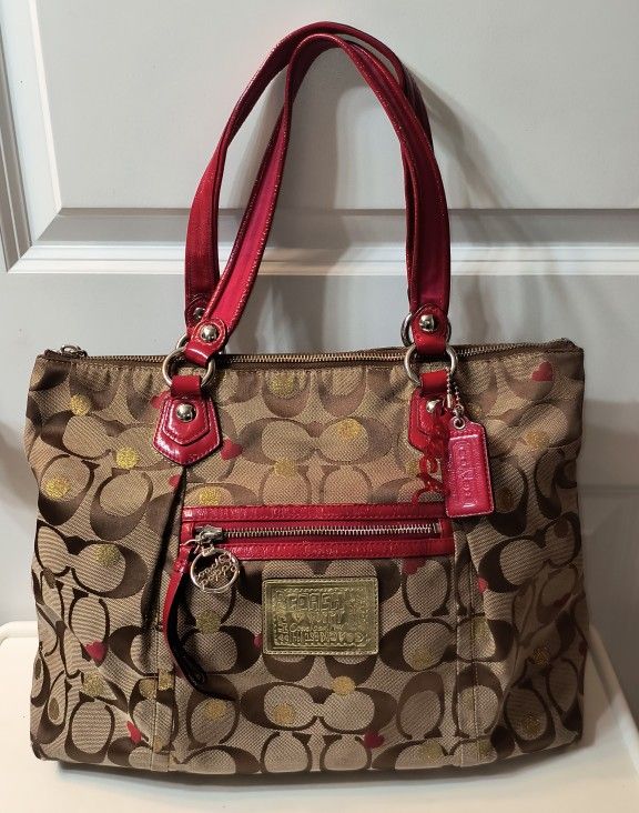 Coach Poppy Signature Glam Tote – Metallic/Red – Vintage Style