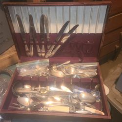 wooden Box filled With Vintage Silverware