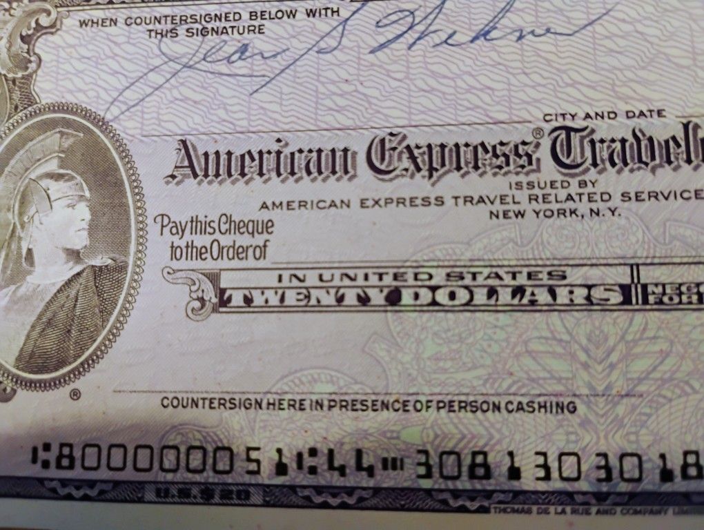 American Express Rare Vintage $20 Travelers Cheques