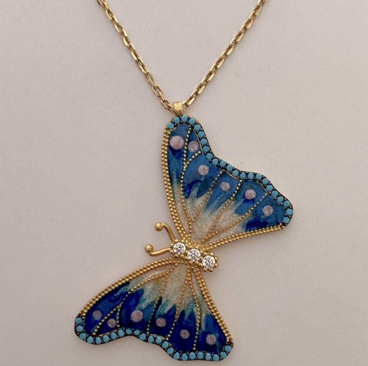 🦋925 Silver butterfly cz and turquoise stones enamel necklace 18K yellow gold plated